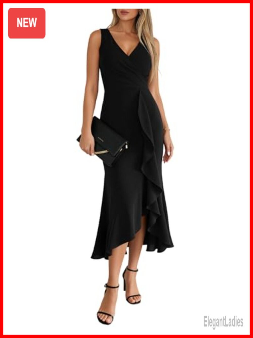 Women's V-Neck Sleeveless Faux Wrap Ruched Midi Dress Ruffle Hem Bodycon